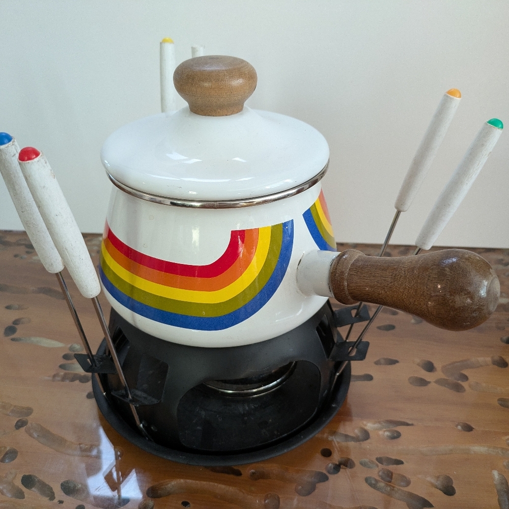 Vintage Rainbow Enamelware Fondue Set